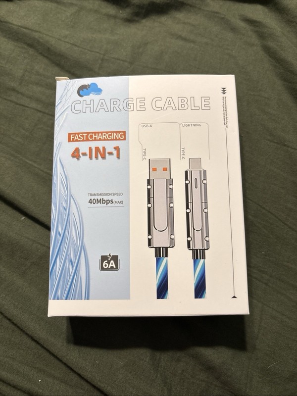 4-1 Fast Charging Charge Cable Blue 40MBPS CORD LIGHTS UP BLUE NEW