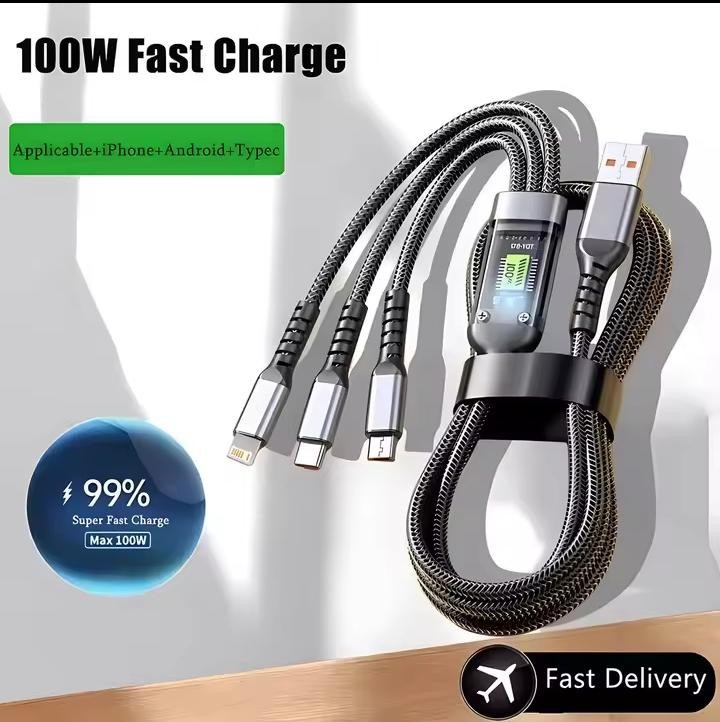 100W Fast Charging Cable 3 in 1 Multi USB Nylon Braided Cord for iPhone Type C