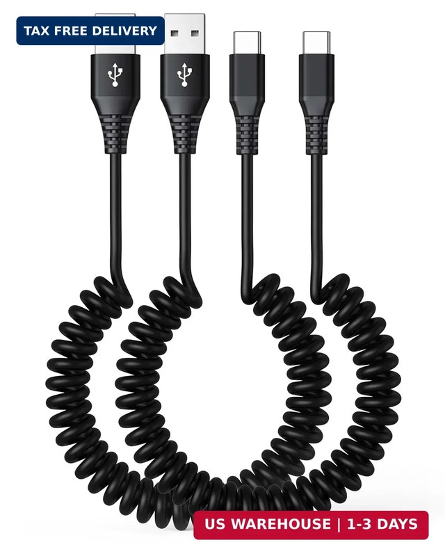 USB to USB C Coiled Cable 6FT 2-Pack, 60W Fast Charging Coiled Cable, USB A to U
