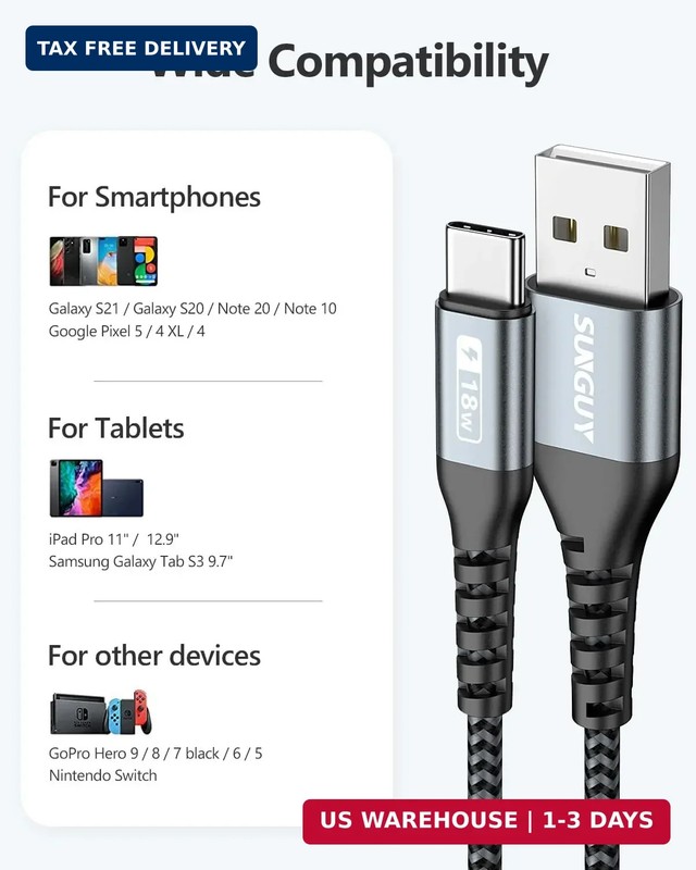 SUNGUY USB C Cable 1FT [3Pack], 3A USB A to USB C Fast Charging Cable Data Trans gallery