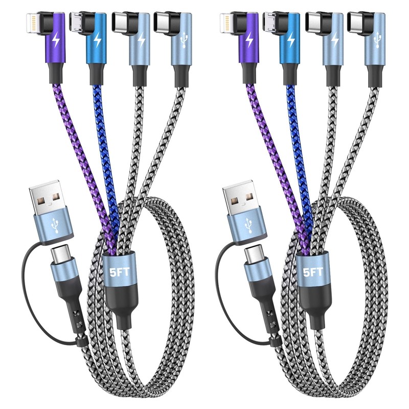 Travel Essentials 90 Degree Multi Charging Cable, 5FT 5F, 90° & Pastel Blue
