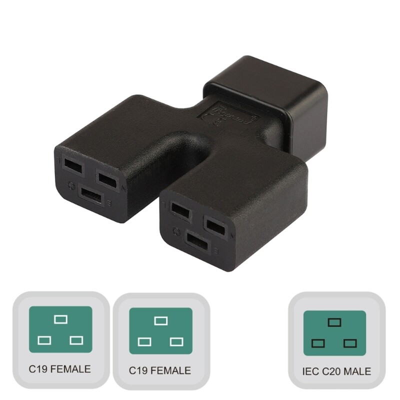 IEC320 C20 Male to 2xC19 Female Power Splitter Adapter LightWeight Connectors