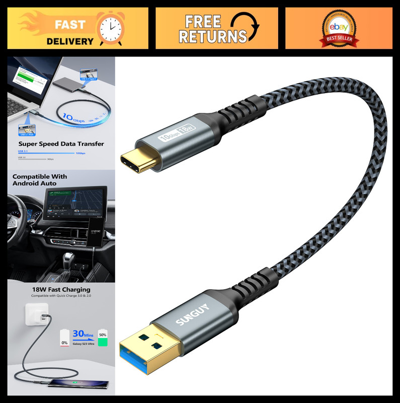 10Gbps USB C to USB C Cable, 3A Fast Charging & Data Transfer, 1FT, 5-Pack for A