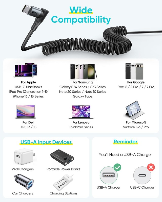 SUNGUY Long Right Angle Coiled USB C Cable for Heavy Duty Cases 5FT [Stretche... gallery