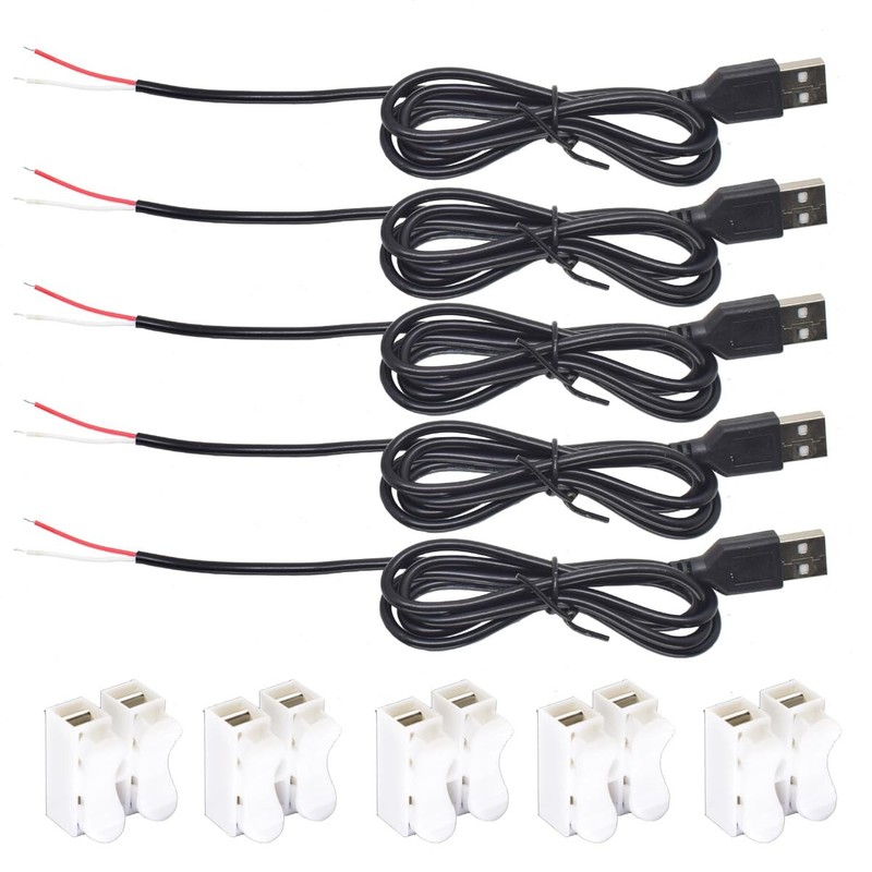 5 PCS USB 2 Wire Pigtail Cable 1A 5V 1M 3.3FT 28AWG USB A Male Power Cord