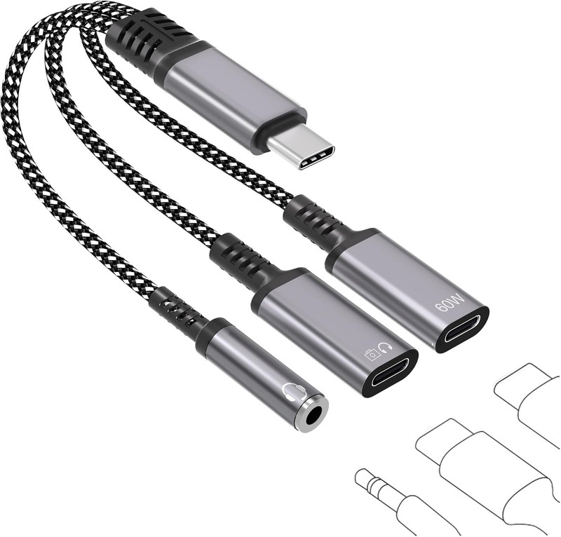 3 in 1 USB C Headphone Splitter Headphone Adapter with 60W Charging and Data, US