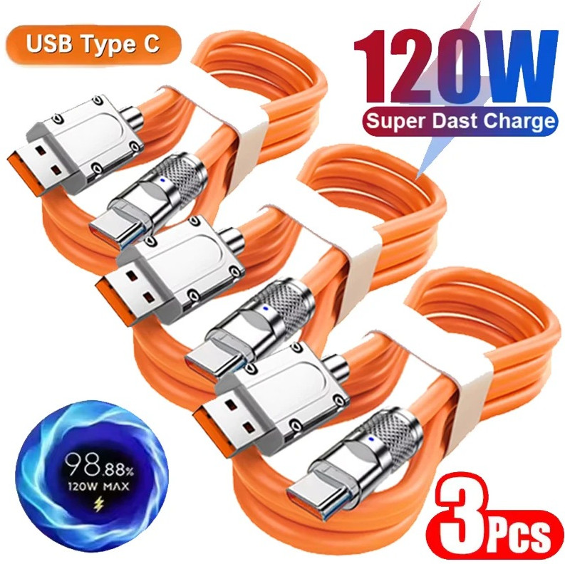 3pcs 120W USB-C Fast Charge Silicone Cable Set USB Phone Data Wire – NEW
