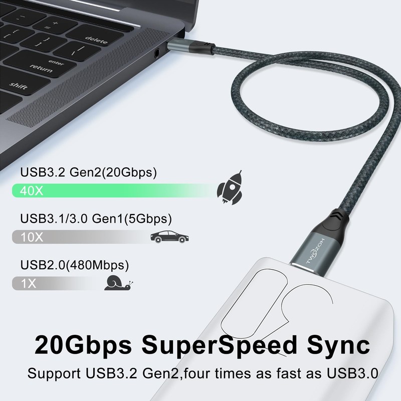 6.6Ft Grey USB C 3.2 Gen 2 Cable 20Gbps Data 100W PD Fast Charging 4K Video gallery