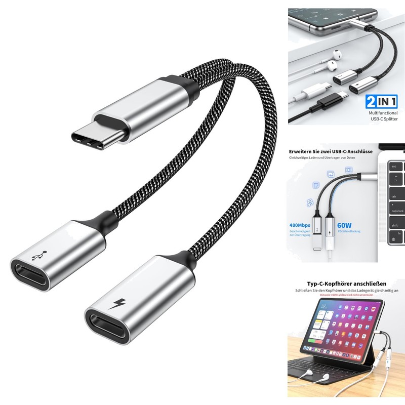 USB C Splitter Dual USB C Female Adapter 60W Fast Charging & Data Transfer Cable
