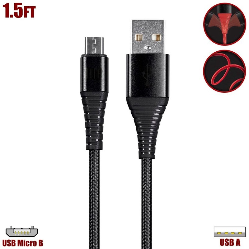 1.5FT USB Micro B to Type A Sync Data Charging Cable Reinforced Braided Black