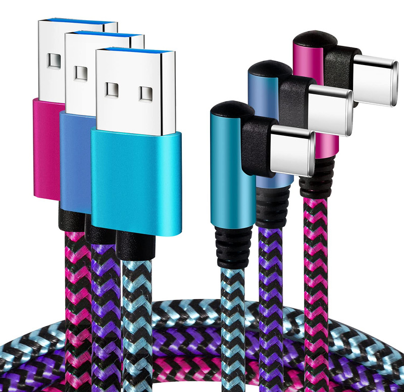 USB Type C Cable 2.1A Fast Charging: [90 Degree/6Ft/3Pack] Nylon USB C Cord Righ