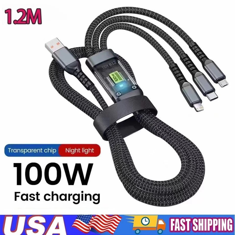 1.2M 3 in 1 Fast Charging Cable Phone Charger Cord For iPhone Type C Micro USB