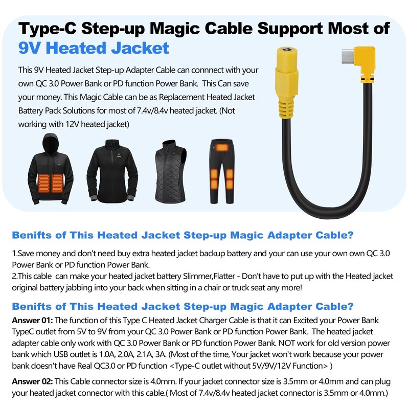 9V Heated Jacket Battery Step-Up Adapter Cable Type-C 7.4V 8.4V QC 3.0/PD gallery