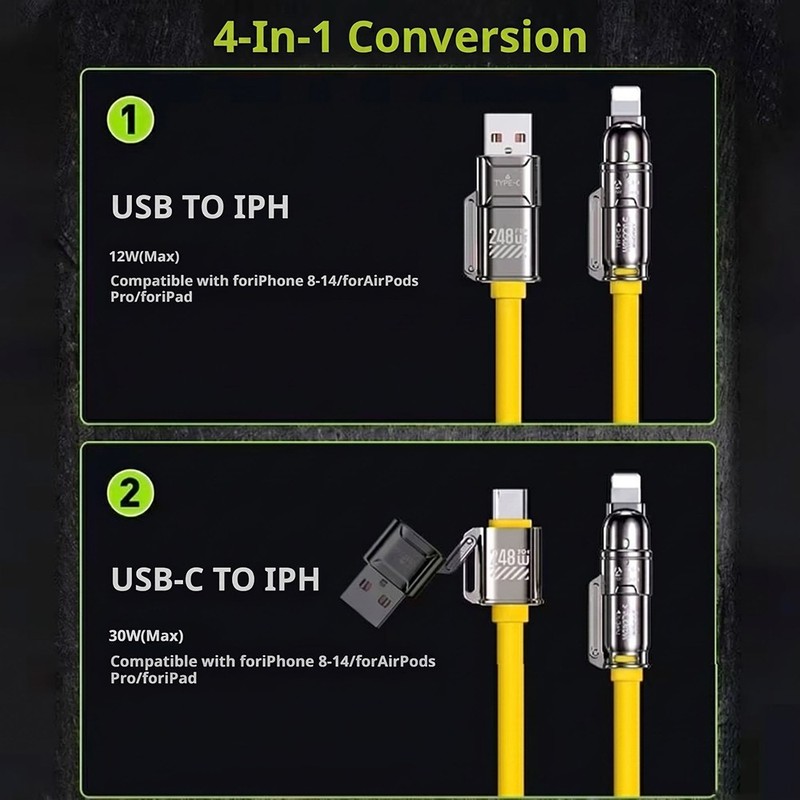 240W 4-in-1 Dual Type-C Fast Charging Cable for iPhone & Android Yellow A7 gallery