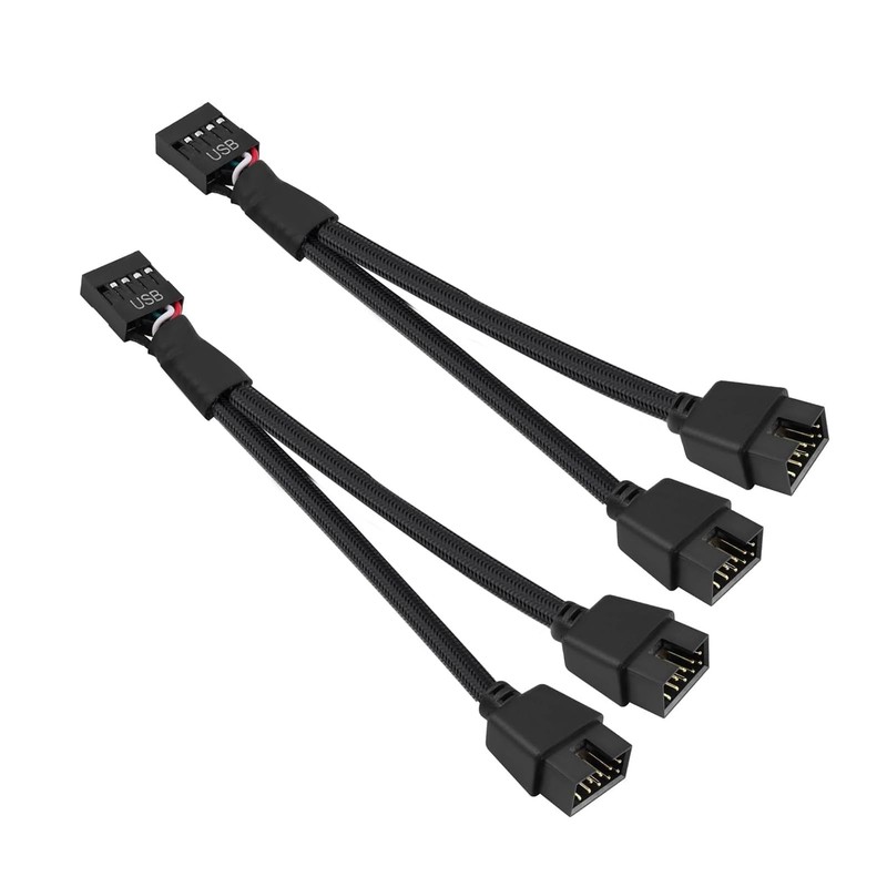 2 PCS Motherboard USB 2.0 to Dual 9 Pin Extension Cable Splitter Braided Black
