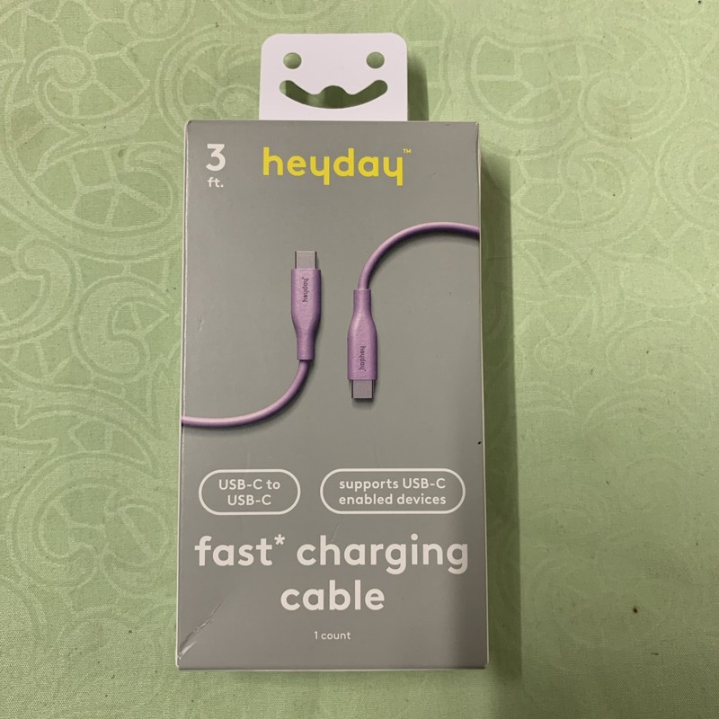 Six Heyday USB-C to USB-C Cable Pastel Lavender Fast Charging 3ft.