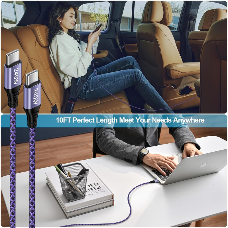 240W Fast Charging USB C to C Braided Cable 10ft for Samsung & iPhone 17 Pro Max gallery