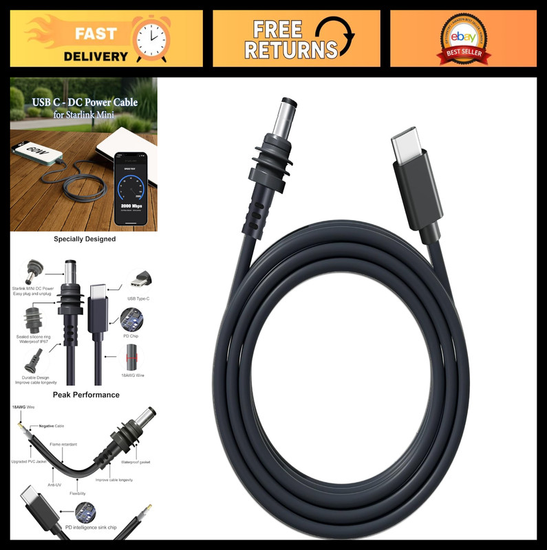 6.5ft USB C to DC Power Cable, Waterproof Type-C to Male Output, PD 20V Compatib