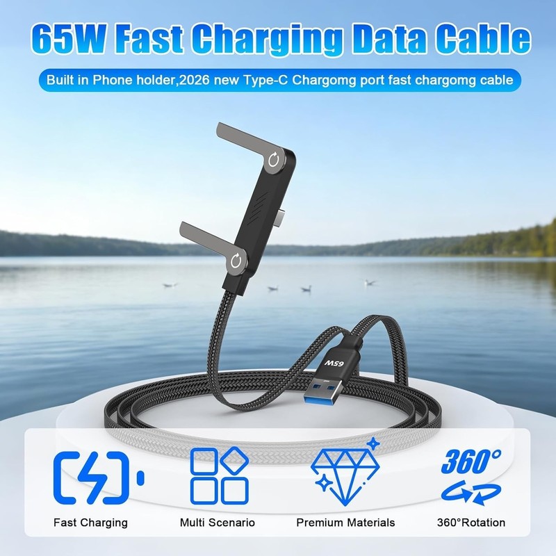 65W USB A to USB C Cable with Foldable Stand,5FT Sideways Invisible Charging Cor gallery