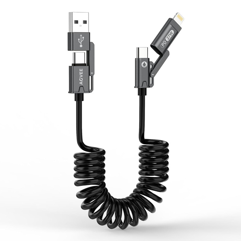 4-in-1 Coiled Multi USB C Charging Cable, Secure-Slide No-Loss Adapters
