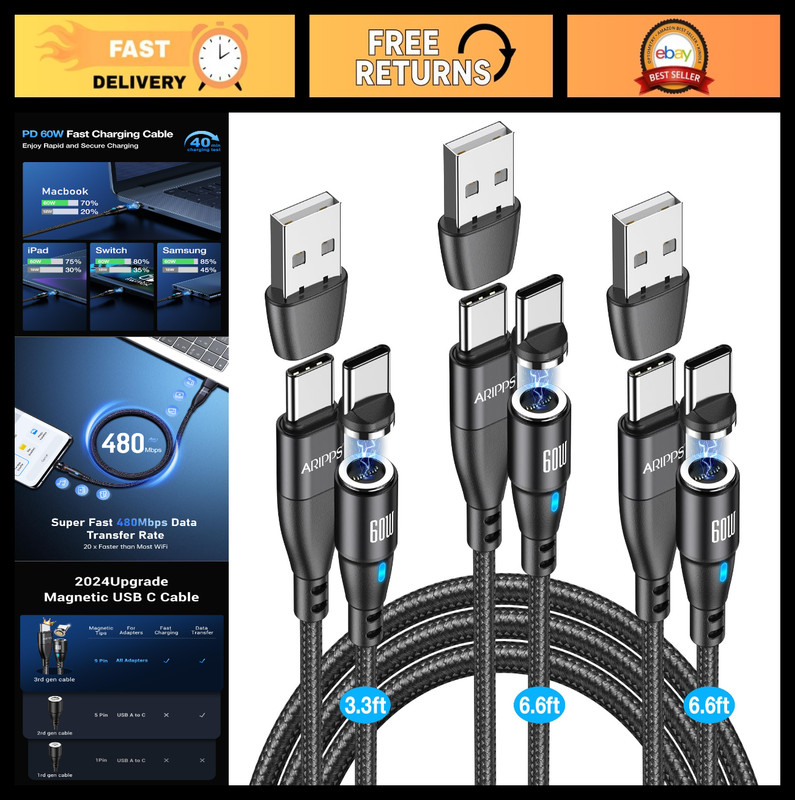 3-Pack USB C Magnetic Charging Cable 60W/3A Fast Charge 3.3ft/6.6ft – Compatible