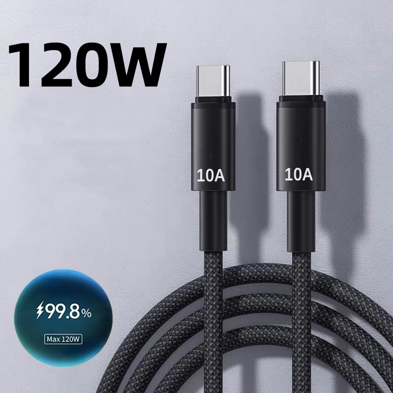 120W 10A Nylon Braided Cable Black C-C Fast Phone Lead Charger Alloy Interface