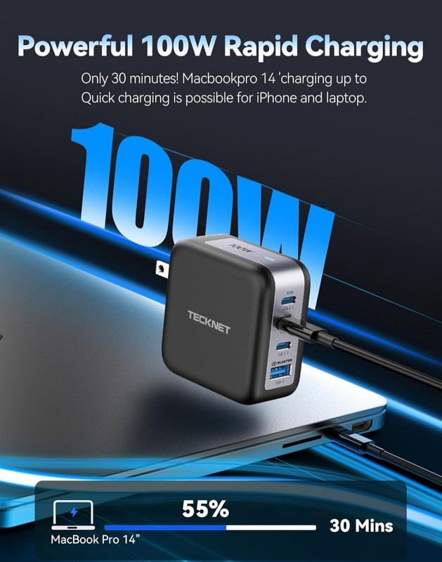 TECKNET 100W USB C Wall Charger, GaN Ⅲ Portable USB-C Fast Charger Block gallery