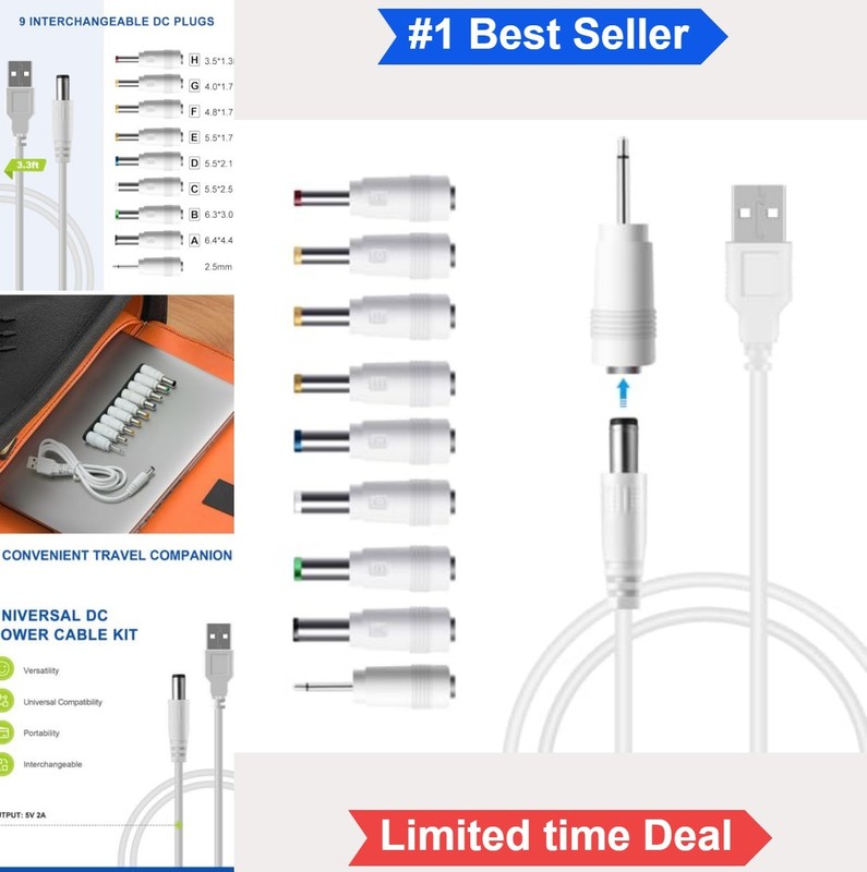 USB to DC 5V Power Cord 3.3ft 9 Adapter Tips 5.5×2.1mm 2000mA 10W