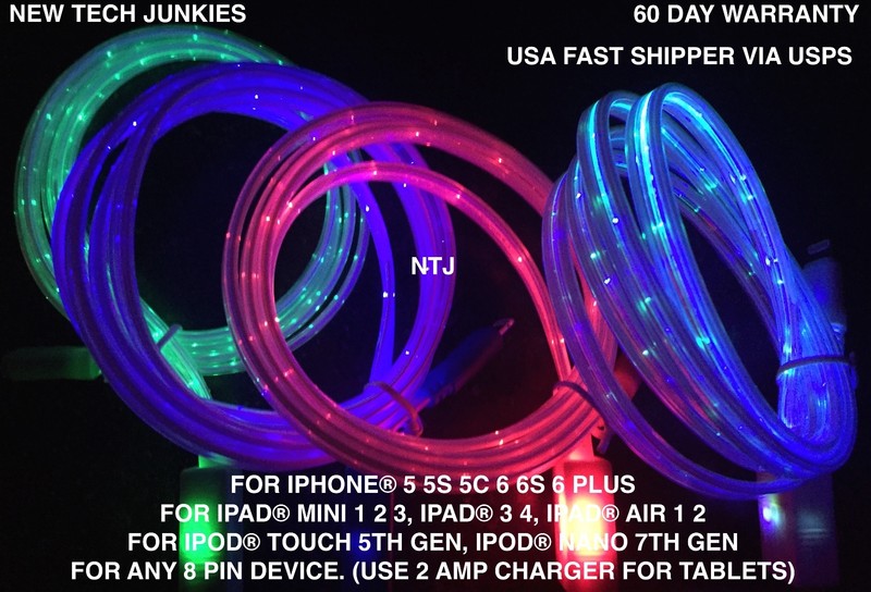 FLAT FLOW MOVING LIGHT-UP glow LED charger cable for iPhone 8 7 5c 6s plus MICRO