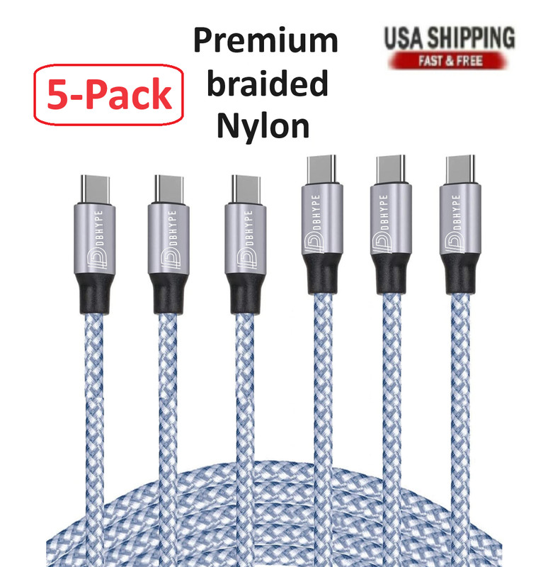 5-Pack Braided USB C to Type-C Fast Charging Data SYNC Charger Cable 3/6/10FT