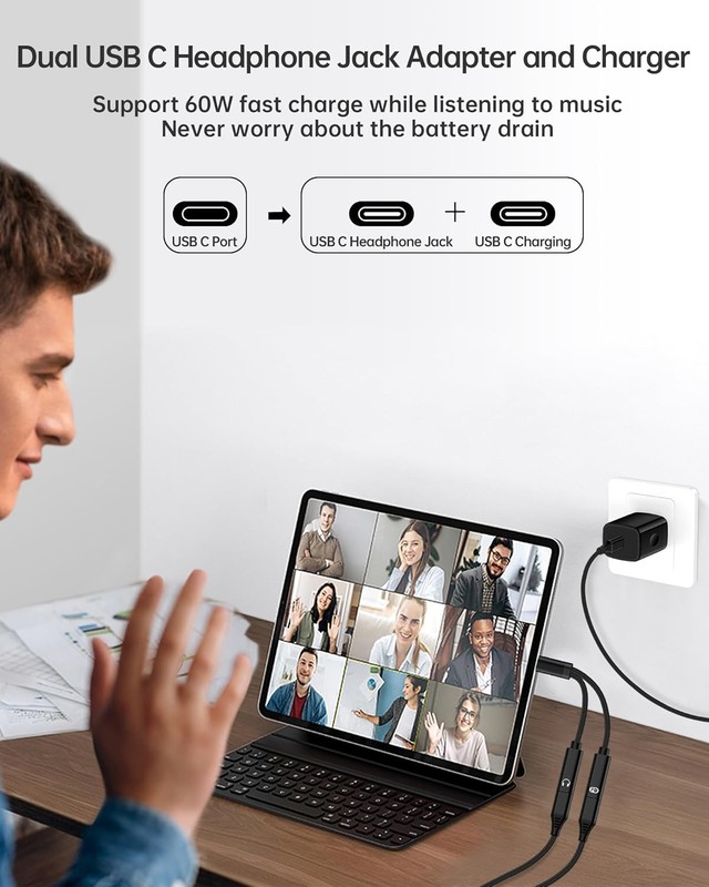 USB C Splitter 2 in 1 Samsung Headphone Charger Adapter 60W gallery
