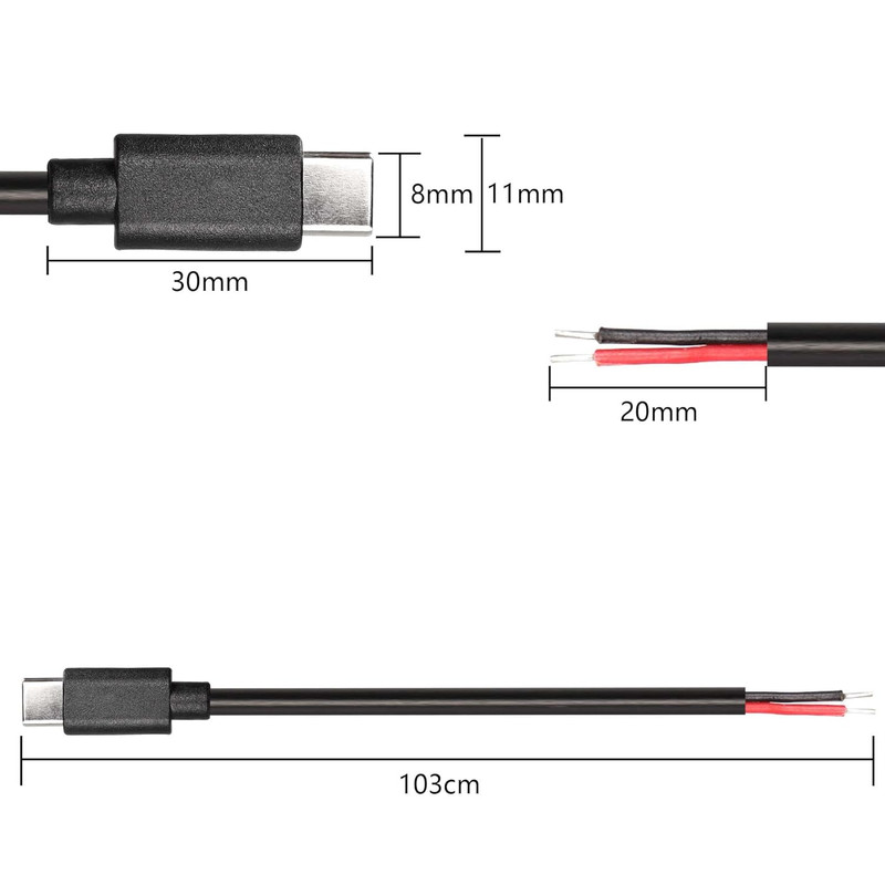 USB Type-C Pigtail Cable Extension Power Cable 22AWG 5V 3A USB-C Plug to 2 Pin B gallery