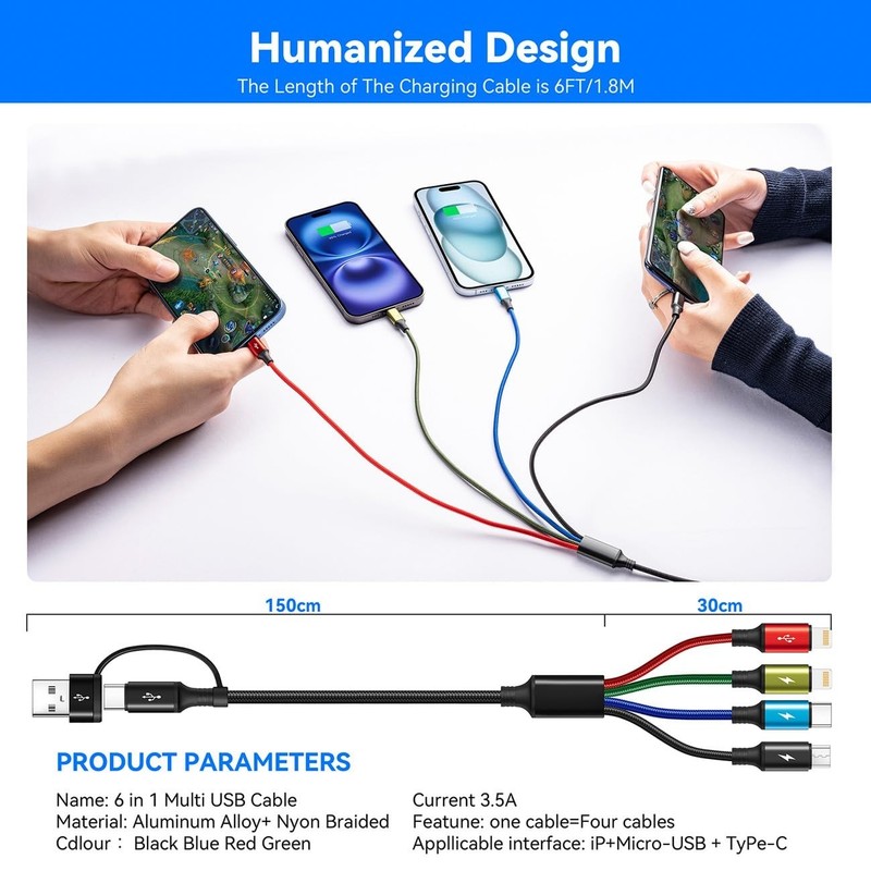 6 in 1 Multiple Charging Cable, 2Pack 6Ft Multi Chargers Cord for All Devices gallery