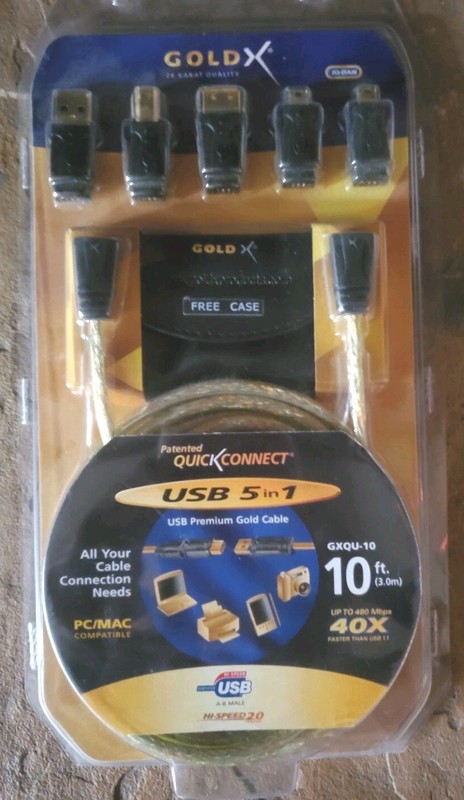 Quick Connect 24 Karat Gold USB Cable Set 5 in 1 10ft NOS