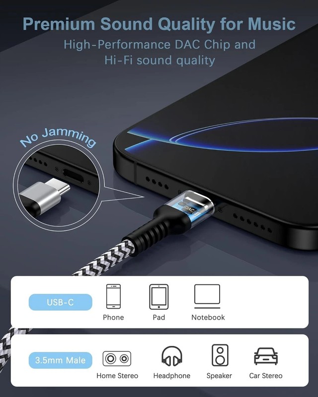 iPhone 17 USB C Aux Cord for Car (2Pack/3.3ft), C to 3.5mm 2*White, Black gallery