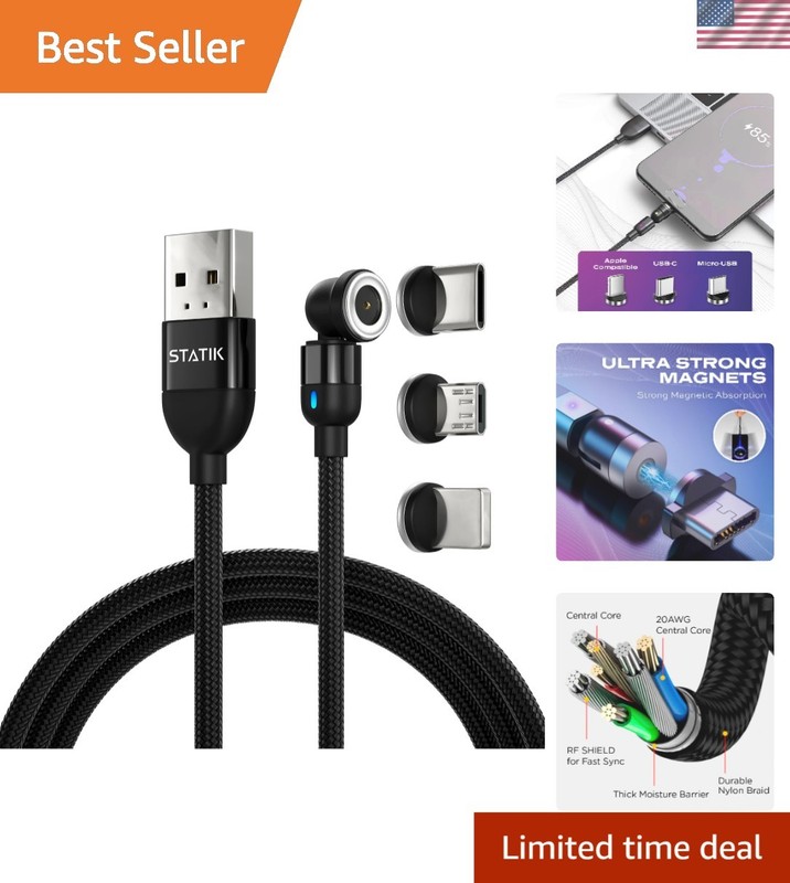 Universal 360 Rotating Magnetic Phone Charger – 3FT Type C, Micro USB, iProduct
