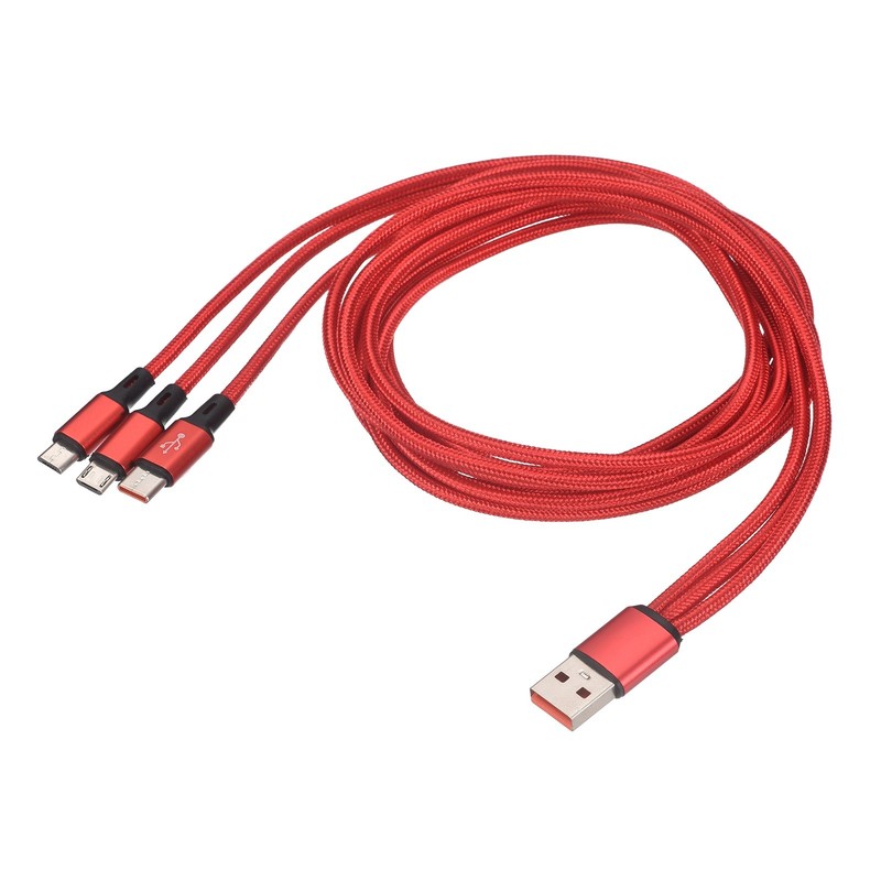 Multi USB A to 2 Micro USB and USB Type C 1 in 3 Out Cable 47″, Red