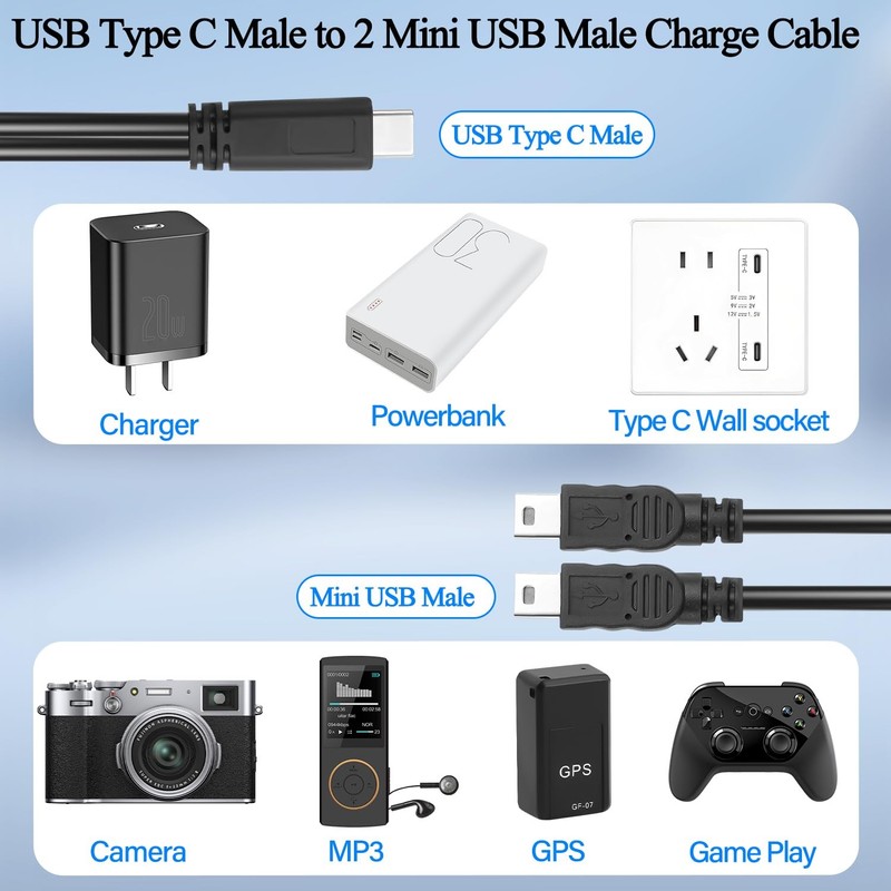 USB to 2 Mini USB Splitter Charging Cable, 5V 3A, 2 in 1 Connector, No Data T... gallery