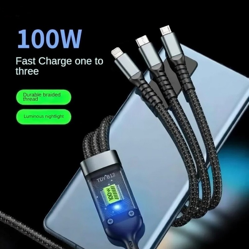 3-in-1 Fast Charging Cable 100W USB-A to USB-C / Micro 1.5m LED QC3 Braided