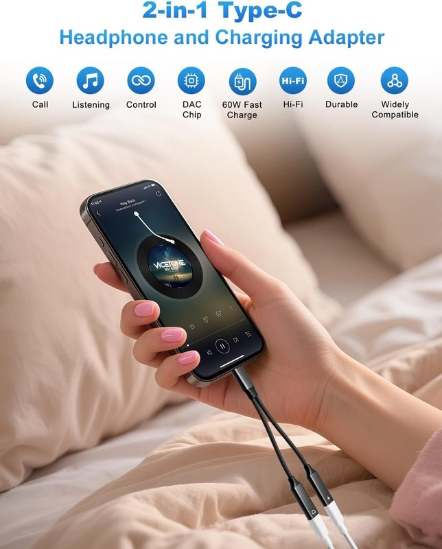 USB C Splitter 1 in 2 Out Dual USB C Type Headphone and Charger Audio Adapter, H gallery