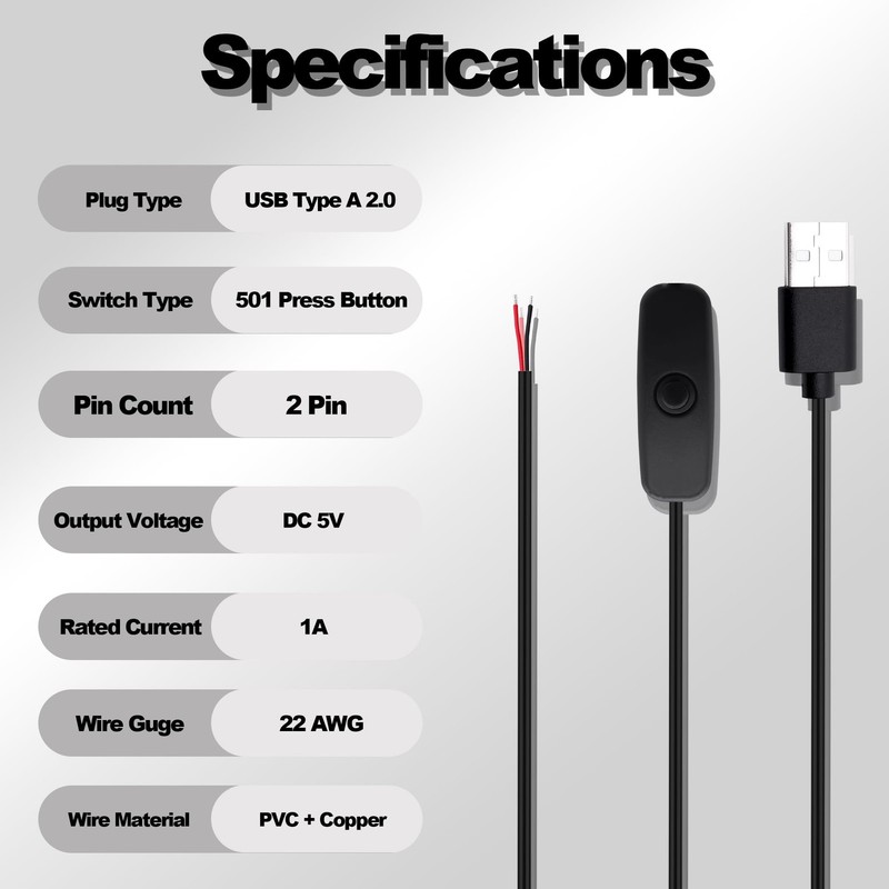 USB Power Switch Extension Cable to Bare Wire Ends 2M gallery