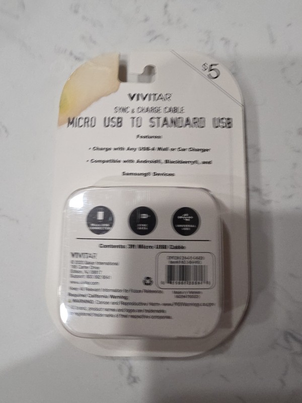 3ft Vivitar Micro USB To Standard USB Sync & Charge Cable Android, Samsung WHITE