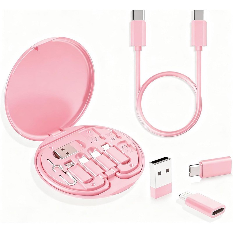Portable Multi USB Charging Adapter Cable Kit USB C to iOS Micro USB Pink