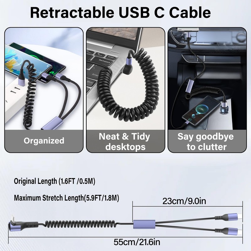 90 Degree USB Type C Spring Cable To 2 Y Splitter Fast Charging Cord 5.9ft gallery