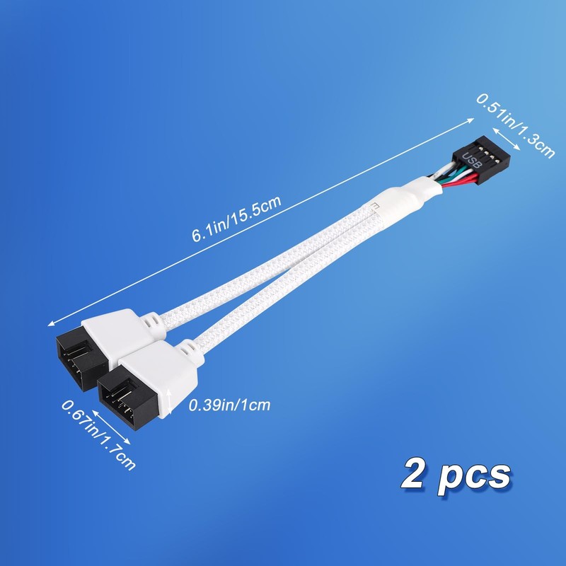 2pcs Motherboard USB 2.0 to Dual 9 Pin Extension Cable, Y-Shaped Braided USB ... gallery