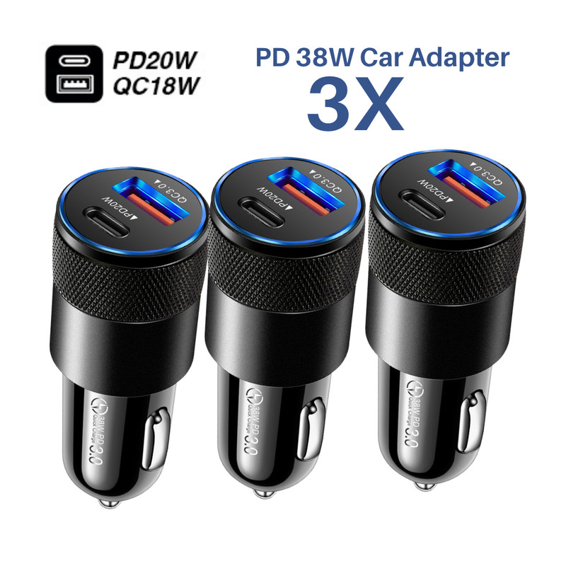 3X PD 38W PD USB C&QC USB A Car Fast Charger Adapter For iPhone 16 14 12 Android