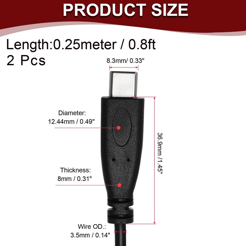 0.25M/0.8Ft USB C Male Plug Bare Wire Pigtail Cable 22AWG 12V 3A Type C 2 PC gallery