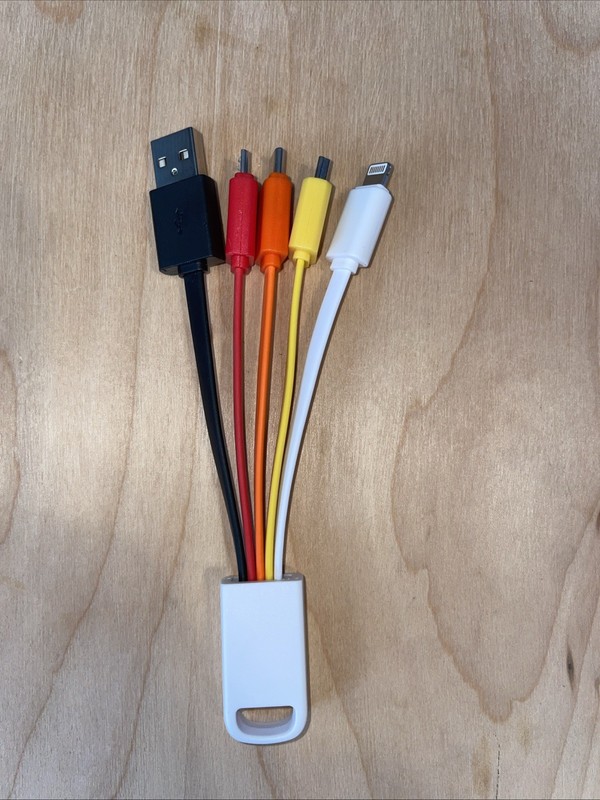 6″ 4 in 1 USB Charger = USB-A into USB-C, USB-mini, micro-USB and MFI certified