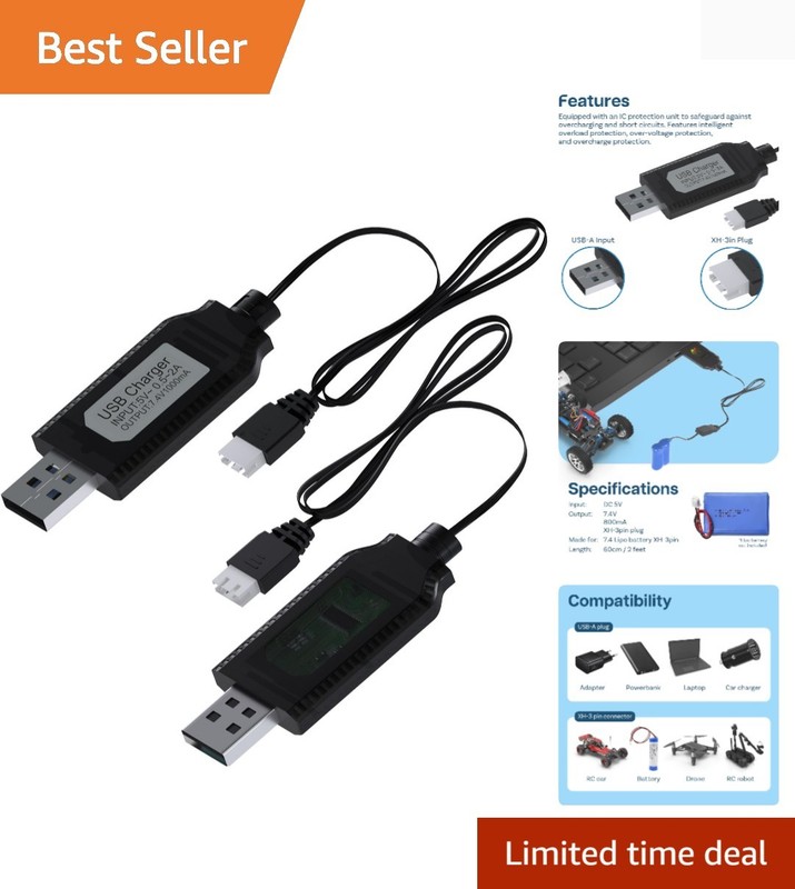 2 Pack USB Charger Cable for 7.4V LiPo & Li-ion Batteries by - USB to XH-3P C...
