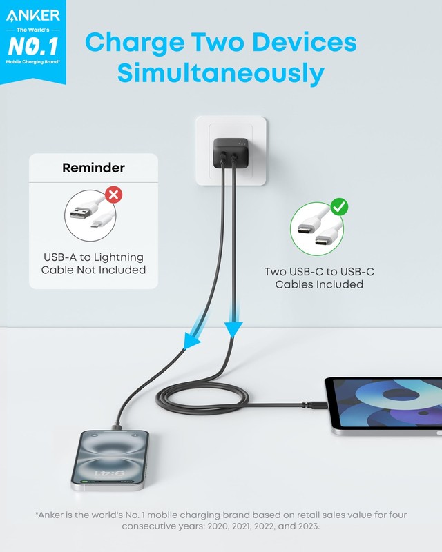 Anker iPhone 16 Charger 20W USB-C Fast Charging Block 2-Pack + 2 Cables gallery